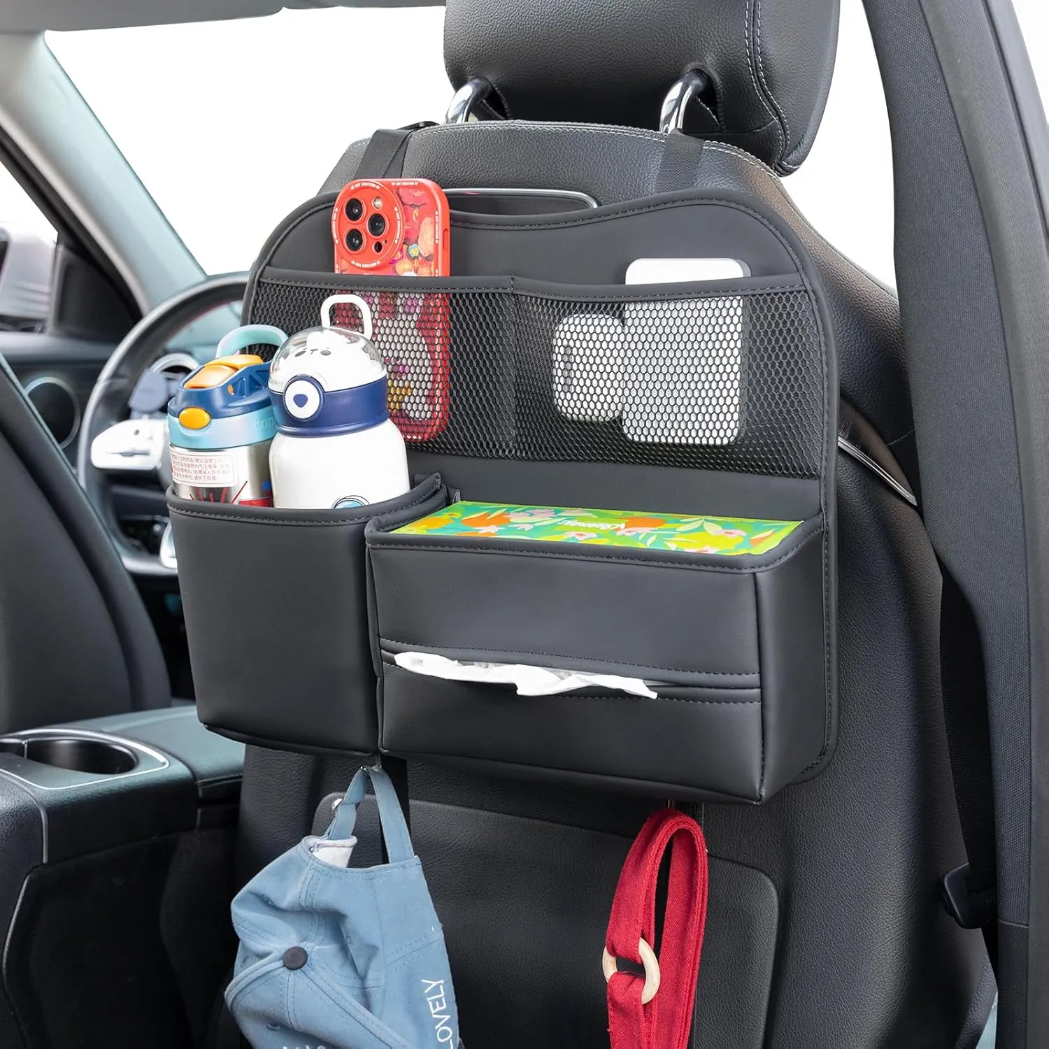Multifunctional Car Back seat Storage Organizer with Large Capacity HeadRest Tissue Holder & Water Bottle Holder & Hooks & Phone Pocket, Kleenex Holder & Cup Holder for Car Seat Back. Black