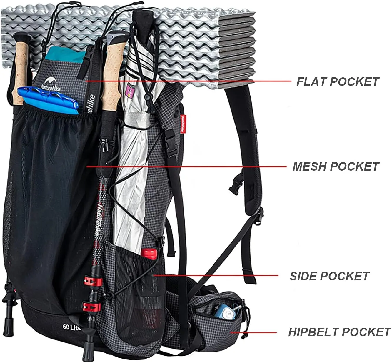 Naturehike Hiking Camping Backpack 45L/65L Lightweight Internal Frame with Rain Cover for Backpacking Outdoor Sports ((60 5) L Black, (60 5) L)