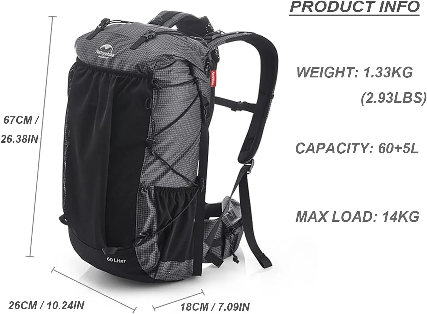 Naturehike Hiking Camping Backpack 45L/65L Lightweight Internal Frame with Rain Cover for Backpacking Outdoor Sports ((60 5) L Black, (60 5) L)
