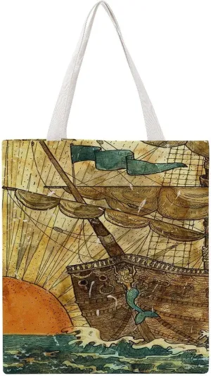 Nautical Sea Map Compass Sailing Ship Canvas Tote Bag for Women Girl Canvas Shoulder Handbags Cute Large Purse