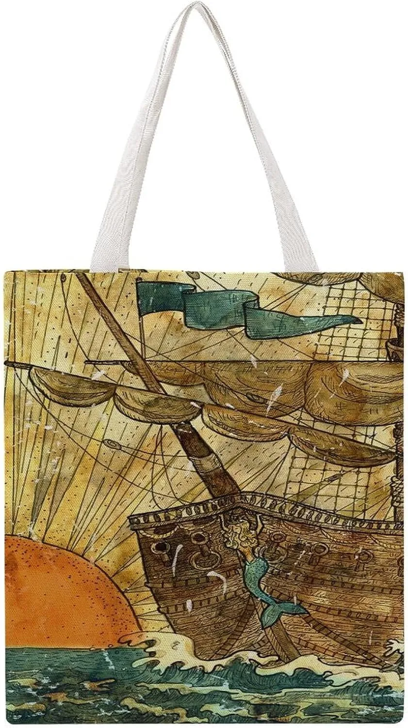 Nautical Sea Map Compass Sailing Ship Canvas Tote Bag for Women Girl Canvas Shoulder Handbags Cute Large Purse