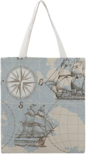 Nautical Sea Map Compass Sailing Ship Canvas Tote Bag for Women Girl Canvas Shoulder Handbags Cute Large Purse
