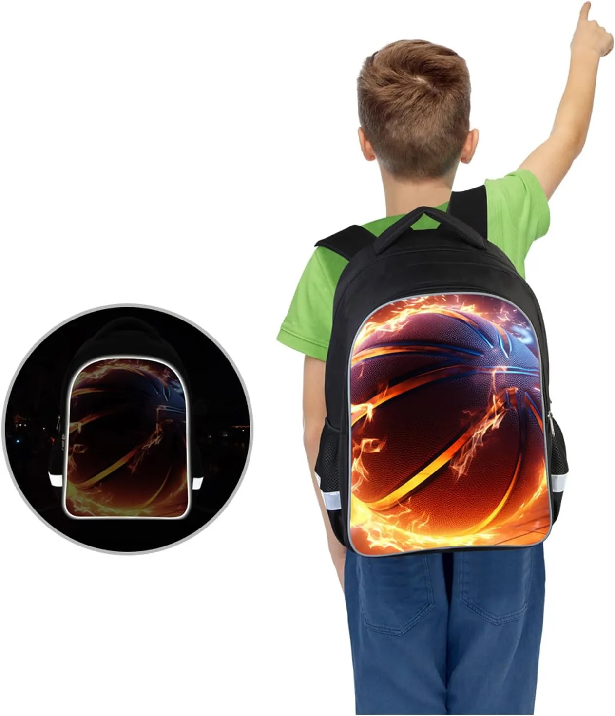 Neon Fire Basketball Kids Backpack, Middle School and Elementary Bookbag for Boys Girls, Polyester, 23 Liters, Main Pocket with Double Zippers, Lightweight Back Pack, Giftable