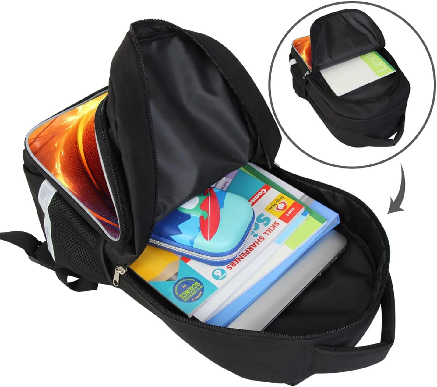 Neon Fire Basketball Kids Backpack, Middle School and Elementary Bookbag for Boys Girls, Polyester, 23 Liters, Main Pocket with Double Zippers, Lightweight Back Pack, Giftable