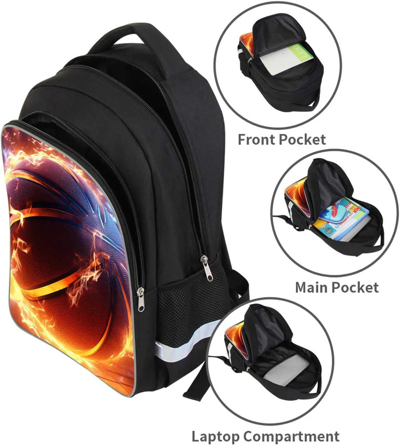 Neon Fire Basketball Kids Backpack, Middle School and Elementary Bookbag for Boys Girls, Polyester, 23 Liters, Main Pocket with Double Zippers, Lightweight Back Pack, Giftable