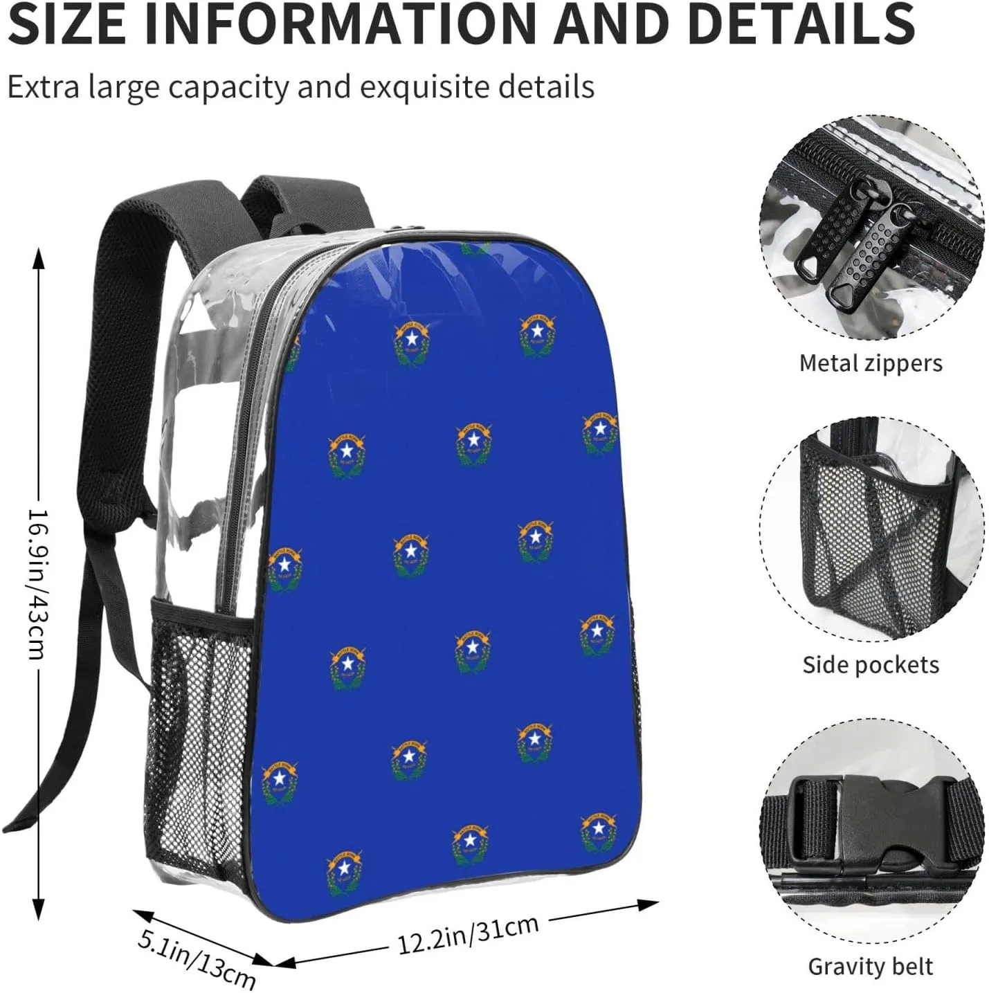 Nevada State Flag Clear Backpack,High Capacity Clear Bag For Travel,Work,Festival, Concerts Women Men Unisex
