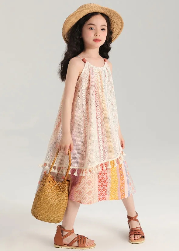 New Print Tasseled Hollow Out Knitting Cotton Girls Dress Sleeveless TT013