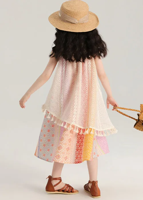 New Print Tasseled Hollow Out Knitting Cotton Girls Dress Sleeveless TT013