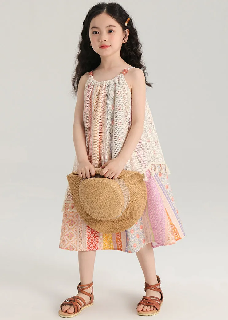 New Print Tasseled Hollow Out Knitting Cotton Girls Dress Sleeveless TT013
