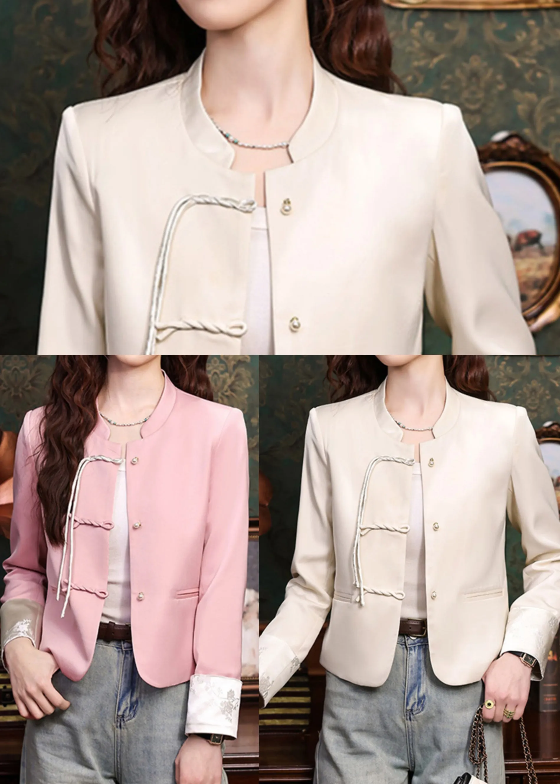 New Retro Pink Tasseled Silk Oriental Jacket Spring YJ046