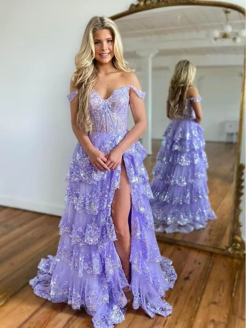 Noras dress Sweetheart Prom Dress Long with Slit Off The Shoulder Lace Applique Evening Dress for Teens NO114
