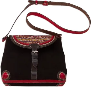 NOVICA Artisan Handmade Woolaccented Suede Leather Shoulder Bag Black Red Handbags Slings Peru Woven Cultural ' Sacred Valley'