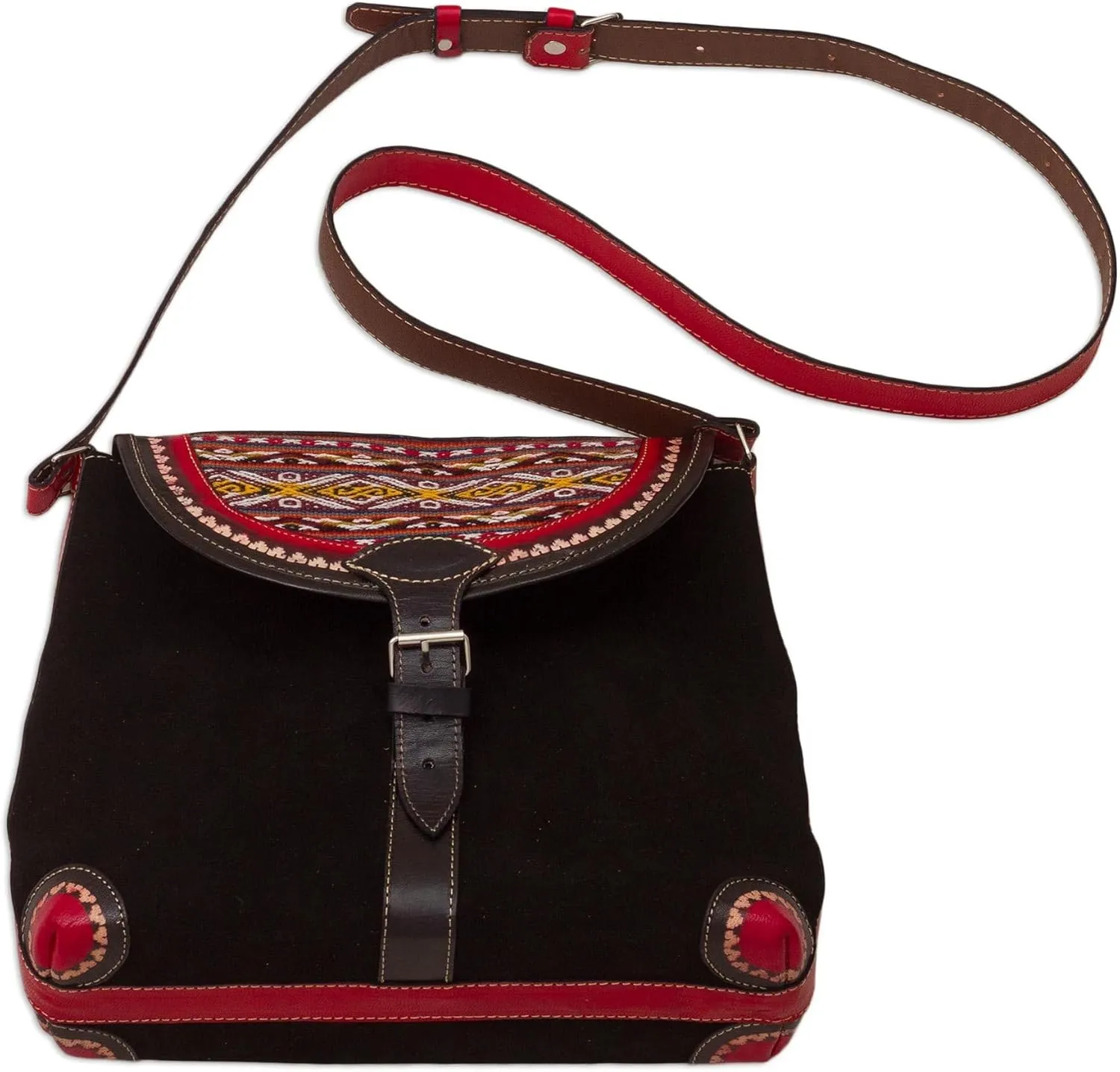 NOVICA Artisan Handmade Woolaccented Suede Leather Shoulder Bag Black Red Handbags Slings Peru Woven Cultural ' Sacred Valley'