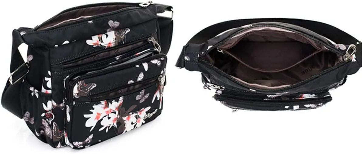 Nylon Floral Multi-Pocket Crossbody Purse Bags for Women Travel Shoulder Bag