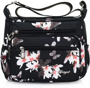 Nylon Floral Multi-Pocket Crossbody Purse Bags for Women Travel Shoulder Bag