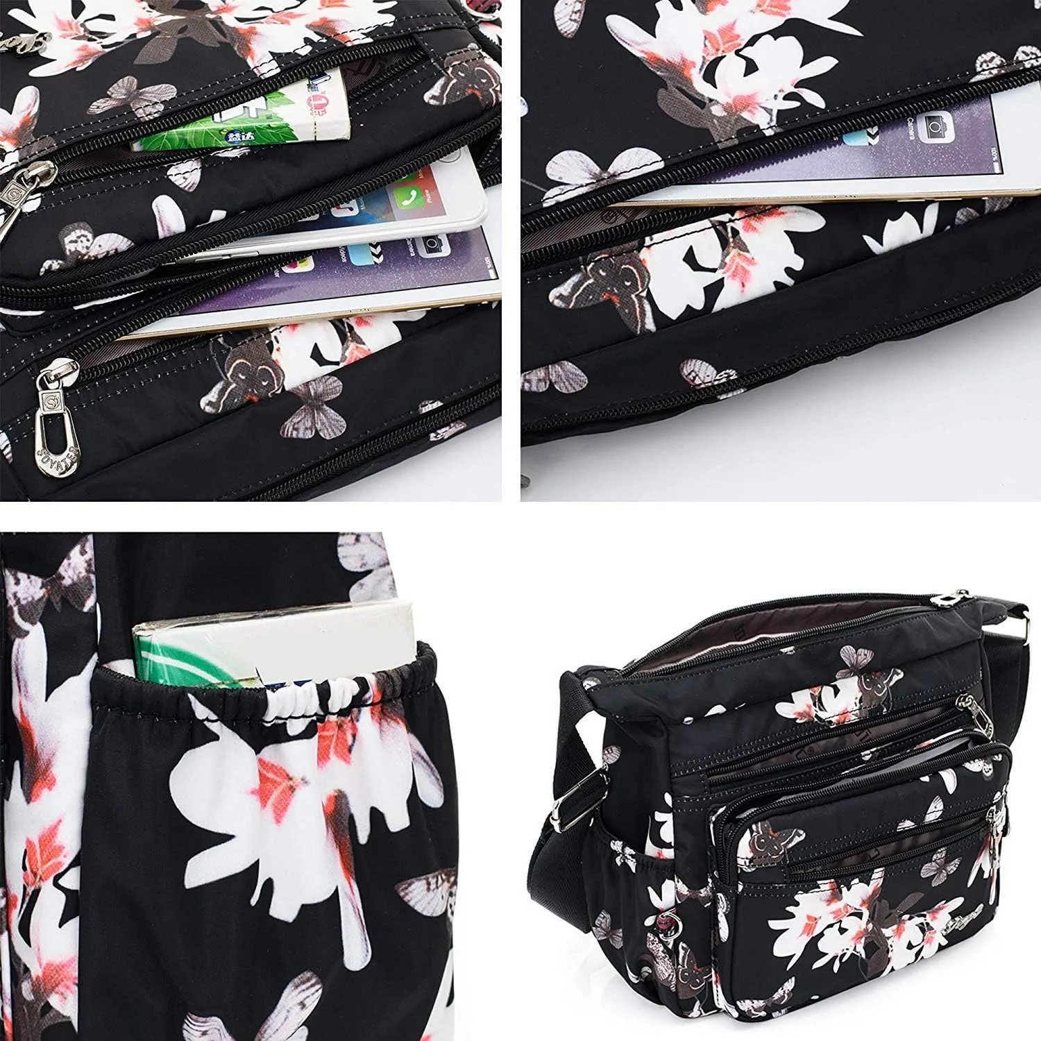Nylon Floral Multi-Pocket Crossbody Purse Bags for Women Travel Shoulder Bag