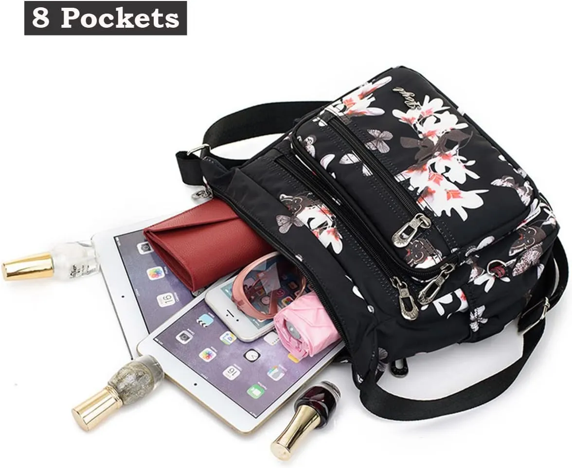 Nylon Floral Multi-Pocket Crossbody Purse Bags for Women Travel Shoulder Bag