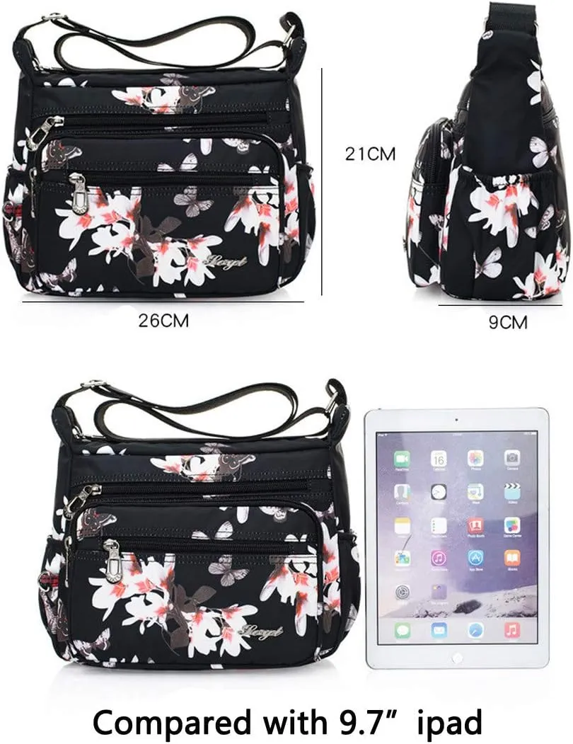 Nylon Floral Multi-Pocket Crossbody Purse Bags for Women Travel Shoulder Bag