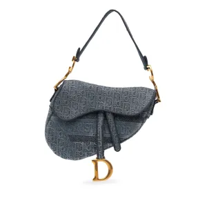 Oblique Embroidered Denim Saddle Bag