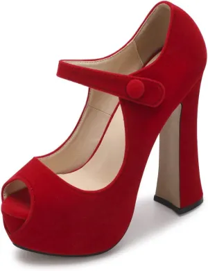 OCHENTA Women's Peep Toe Hidden Platform Ankle Strap Chunky High Heel Pumps Velvet Red Tag 38 - US B(M) 7
