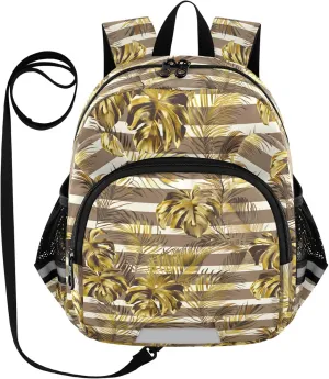 ODAWA Children's Leash Backpacks, Floral Tropical Leaves Stripes Small Backpack for Toddler Girls 3-6 Years