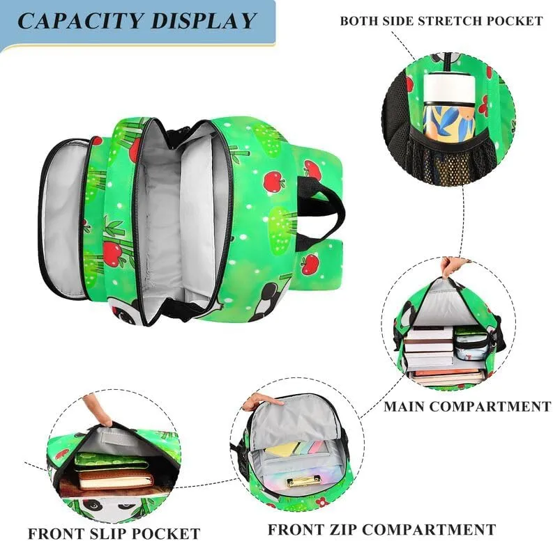 ODAWA Cute Cartoon Pandas Green Bakcpack Bookbags with Adjustable Padded Straps Girls Boys Backpack, 17 Inch