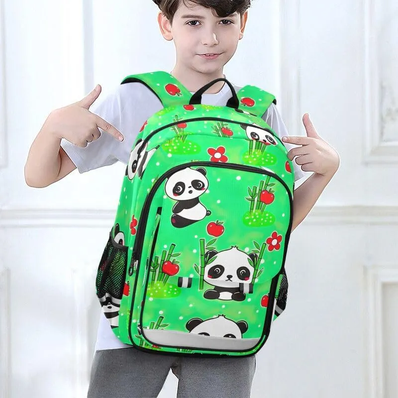 ODAWA Cute Cartoon Pandas Green Bakcpack Bookbags with Adjustable Padded Straps Girls Boys Backpack, 17 Inch