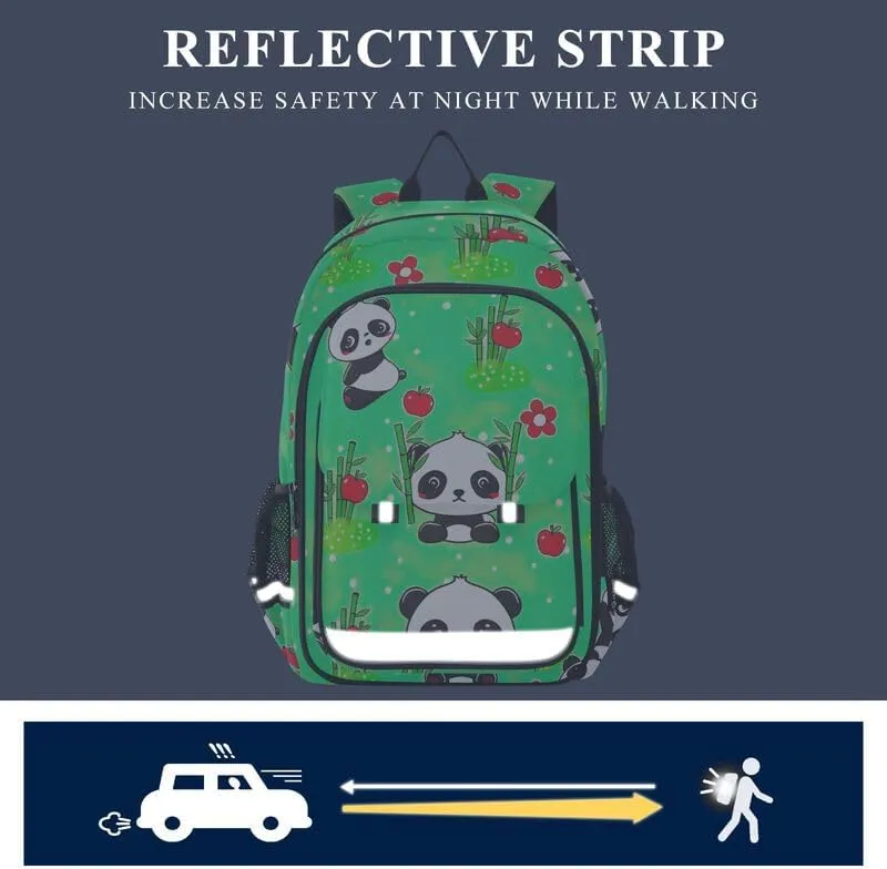 ODAWA Cute Cartoon Pandas Green Bakcpack Bookbags with Adjustable Padded Straps Girls Boys Backpack, 17 Inch