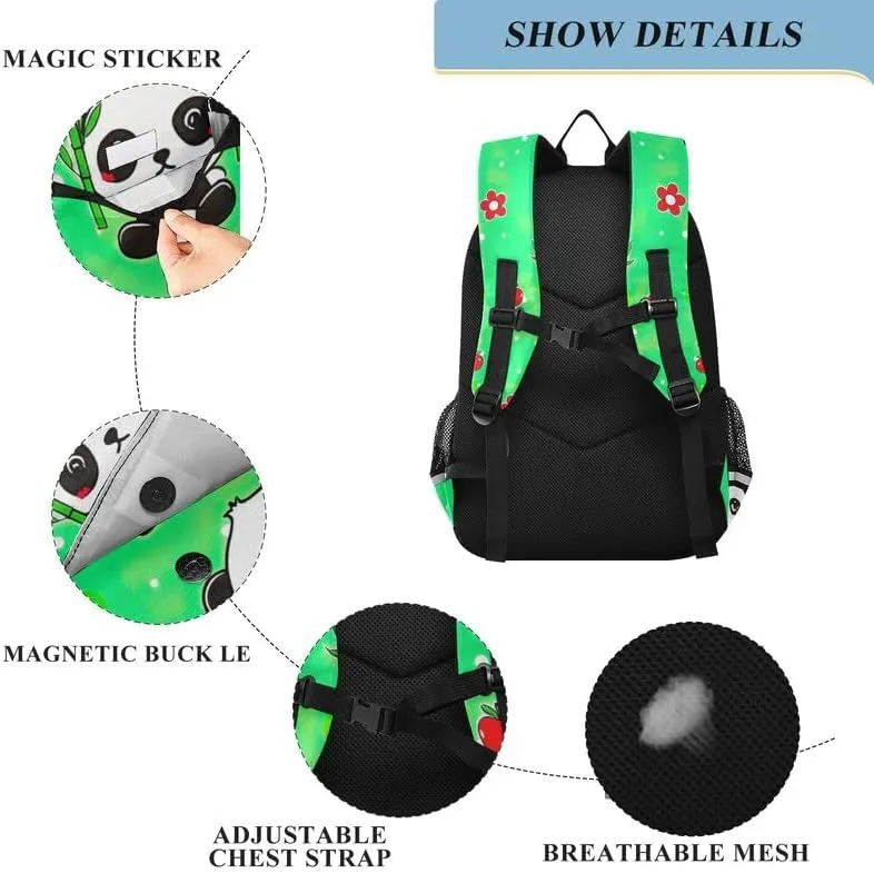 ODAWA Cute Cartoon Pandas Green Bakcpack Bookbags with Adjustable Padded Straps Girls Boys Backpack, 17 Inch