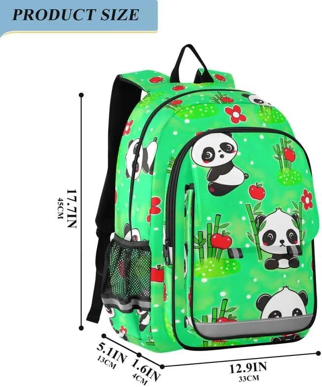 ODAWA Cute Cartoon Pandas Green Bakcpack Bookbags with Adjustable Padded Straps Girls Boys Backpack, 17 Inch