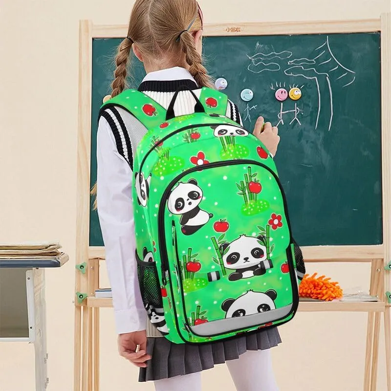ODAWA Cute Cartoon Pandas Green Bakcpack Bookbags with Adjustable Padded Straps Girls Boys Backpack, 17 Inch