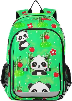 ODAWA Cute Cartoon Pandas Green Bakcpack Bookbags with Adjustable Padded Straps Girls Boys Backpack, 17 Inch