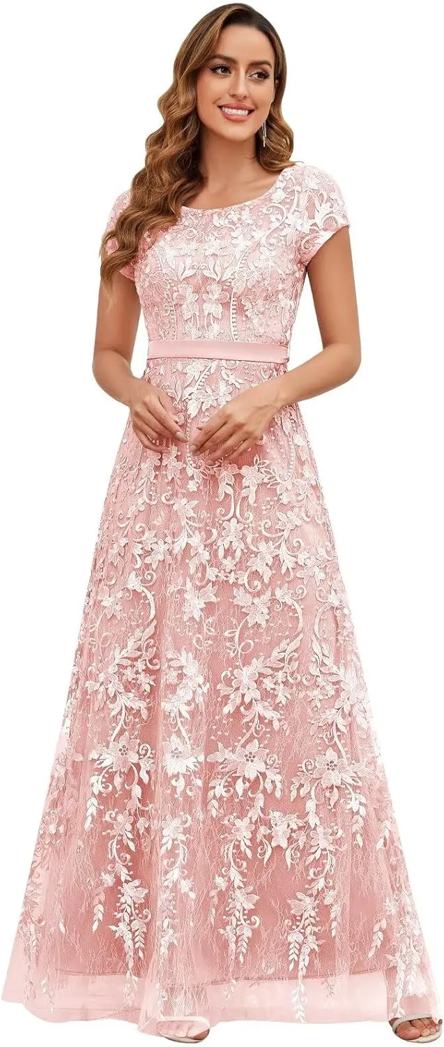 OFEYCHUN Cap Sleeve Mother of The Bride Dresses for Women Lace Applique Formal Wedding Guest Dress
