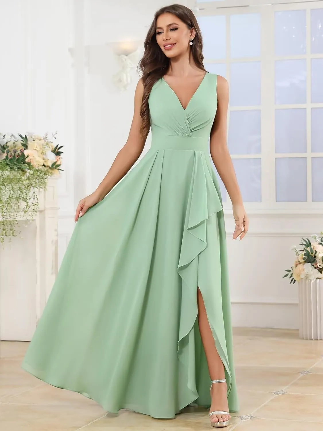 OFEYCHUN Ruffle Bridesmaid Dresses for Women with Slit Long V Neck Chiffon Formal Dress for Wedding