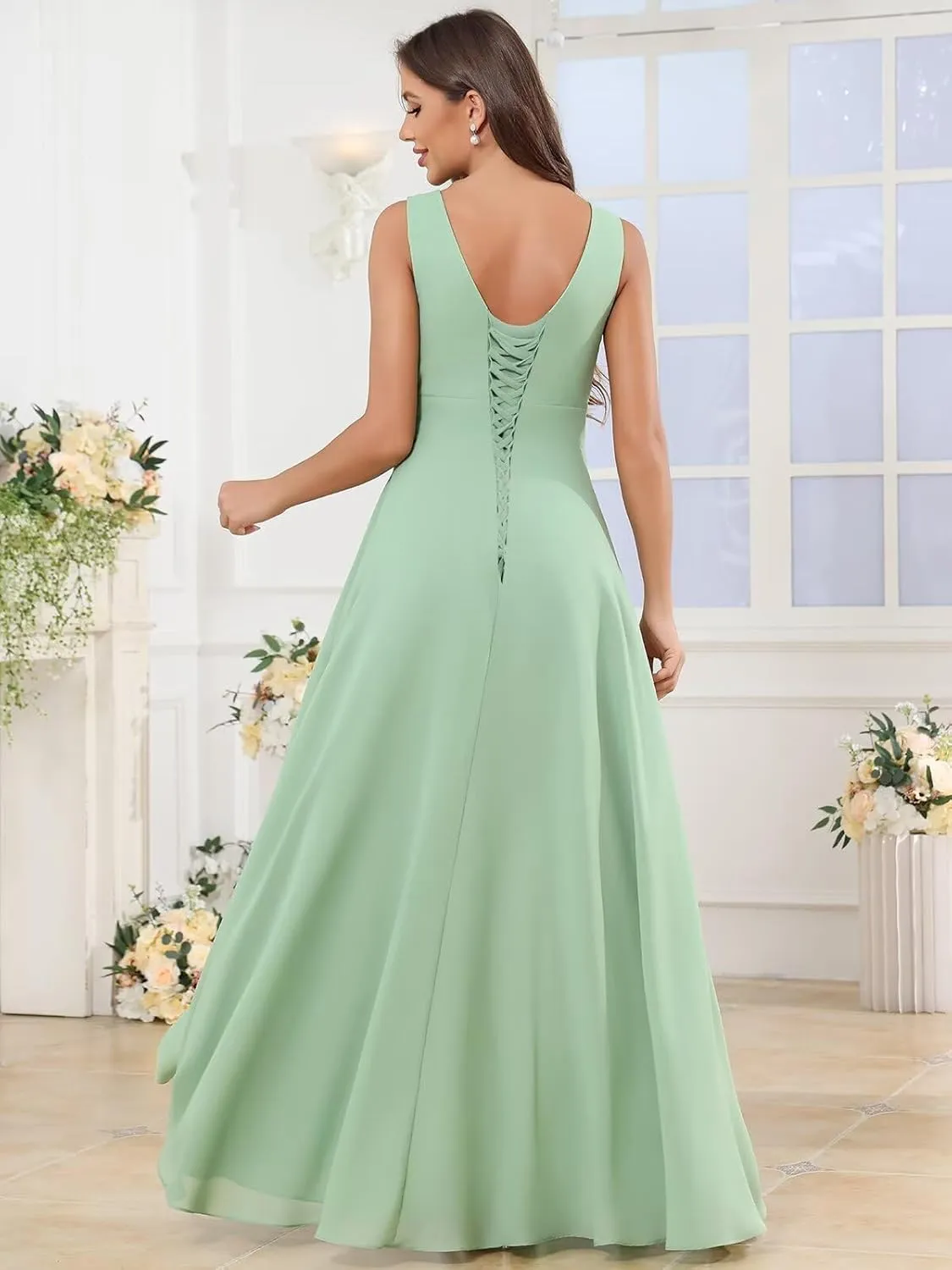 OFEYCHUN Ruffle Bridesmaid Dresses for Women with Slit Long V Neck Chiffon Formal Dress for Wedding