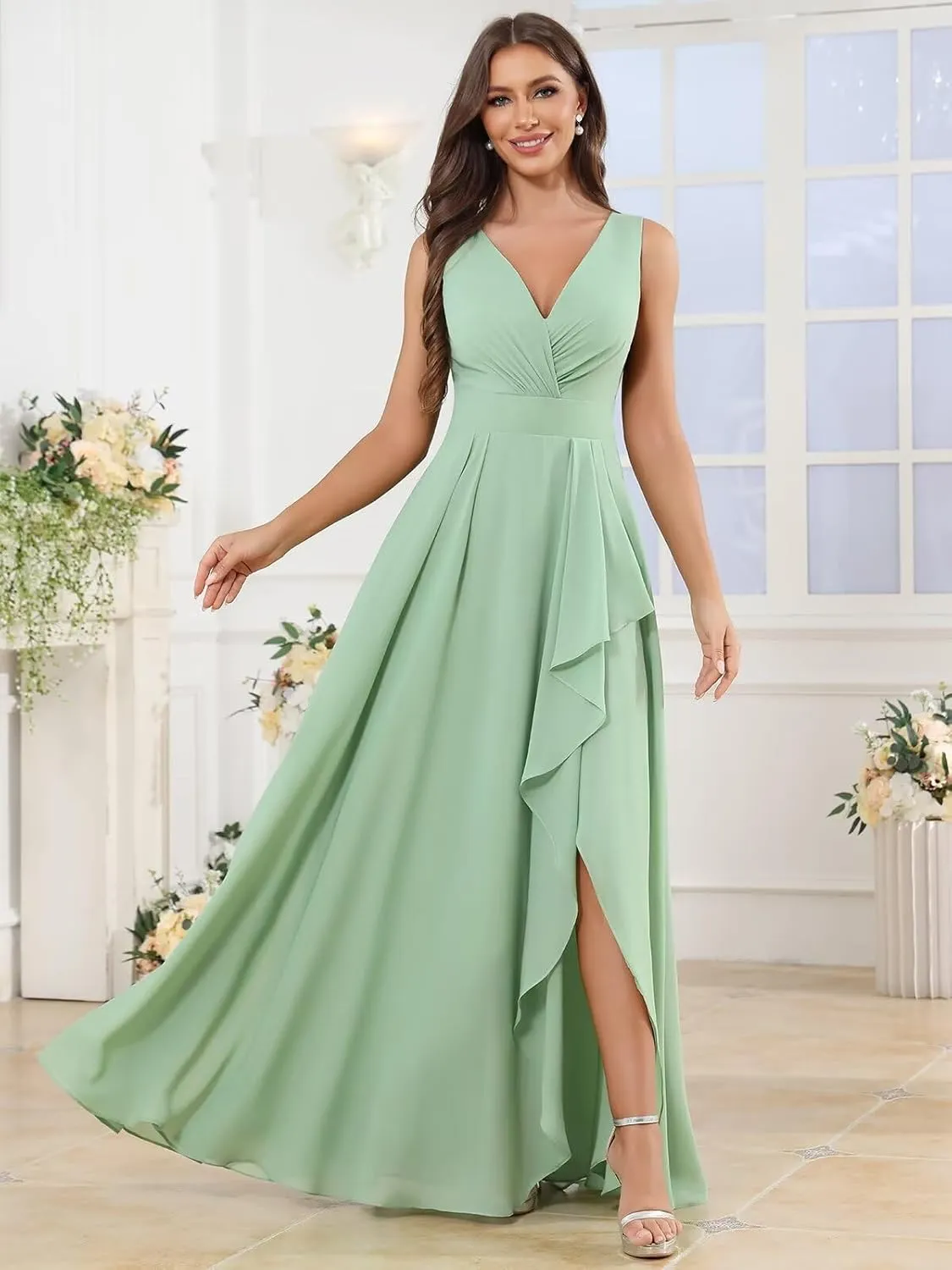 OFEYCHUN Ruffle Bridesmaid Dresses for Women with Slit Long V Neck Chiffon Formal Dress for Wedding