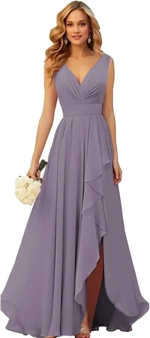OFEYCHUN Ruffle Bridesmaid Dresses for Women with Slit Long V Neck Chiffon Formal Dress for Wedding