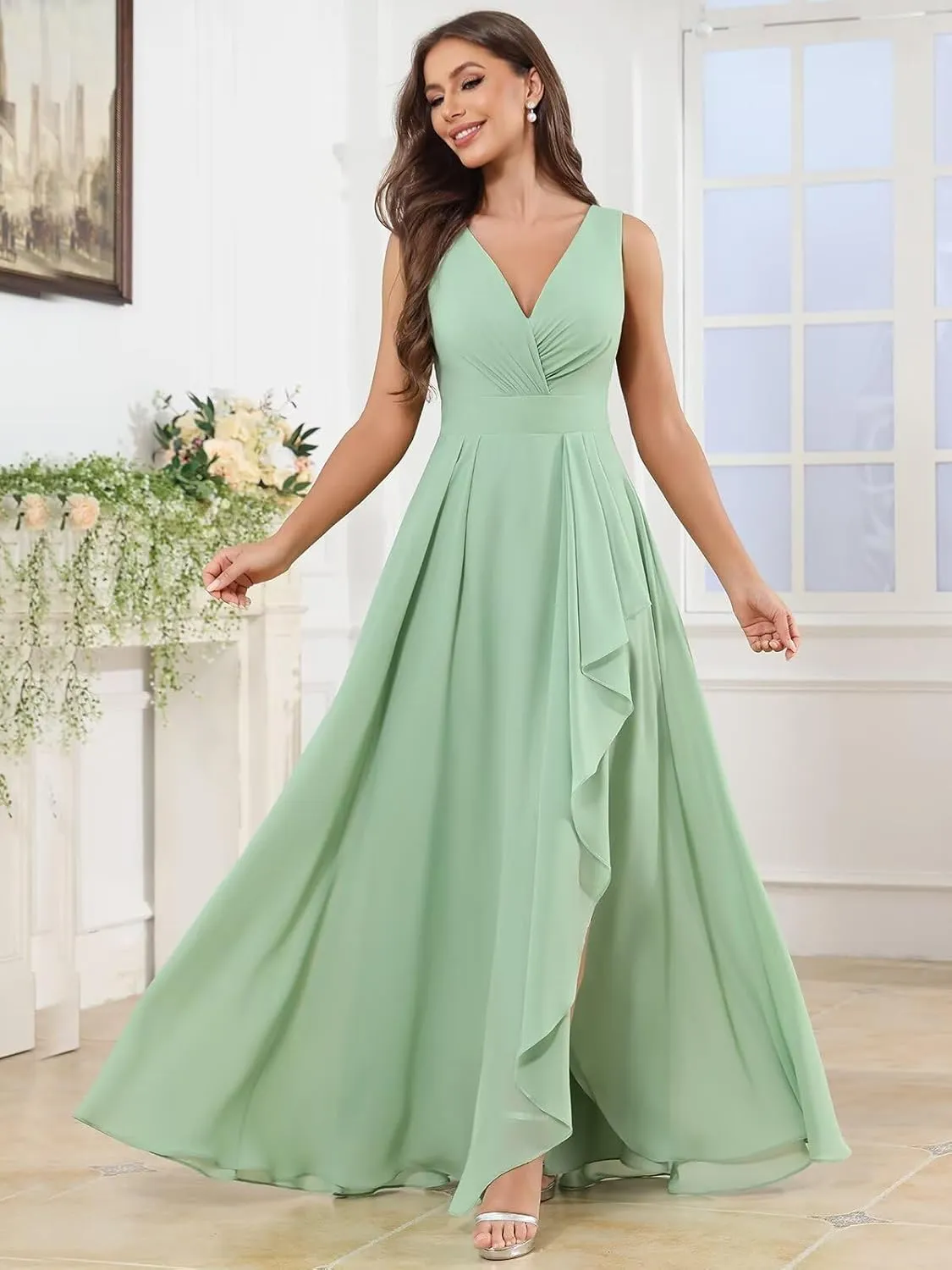 OFEYCHUN Ruffle Bridesmaid Dresses for Women with Slit Long V Neck Chiffon Formal Dress for Wedding