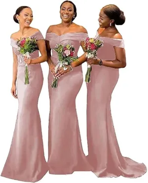 Off Shoulder Mermaid Bridesmaid Dresses for Wedding Satin Formal Evening Gowns Bodycon Prom Dress with Train