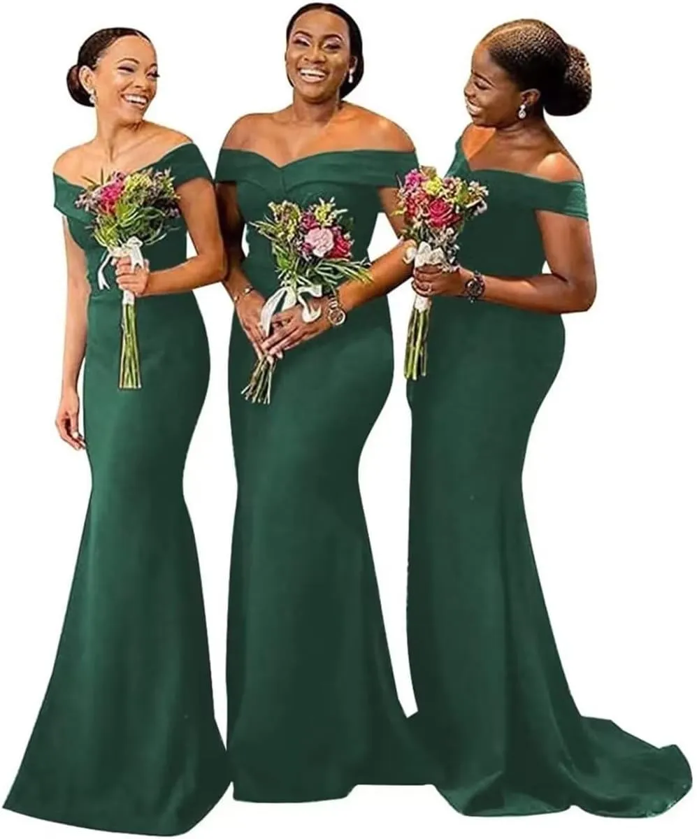 Off Shoulder Mermaid Bridesmaid Dresses for Wedding Satin Formal Evening Gowns Bodycon Prom Dress with Train