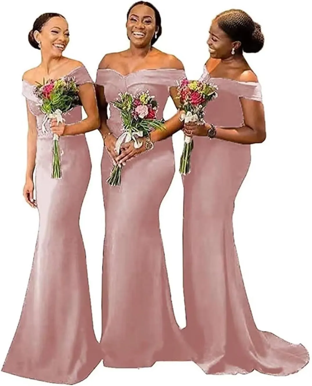 Off Shoulder Mermaid Bridesmaid Dresses for Wedding Satin Formal Evening Gowns Bodycon Prom Dress with Train