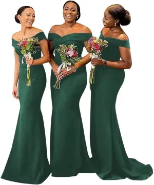 Off Shoulder Mermaid Bridesmaid Dresses for Wedding Satin Formal Evening Gowns Bodycon Prom Dress with Train