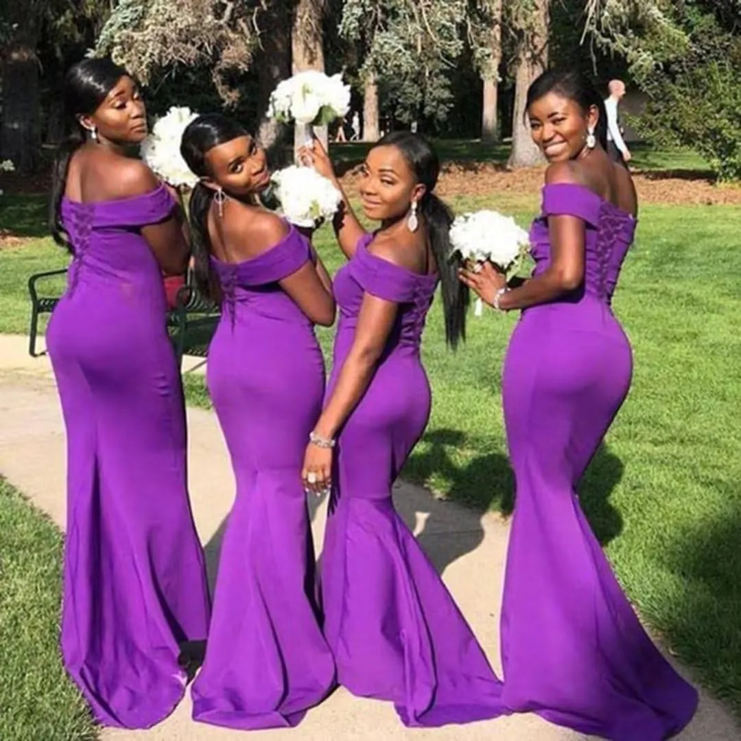 Off Shoulder Mermaid Bridesmaid Dresses for Wedding Satin Formal Evening Gowns Bodycon Prom Dress with Train