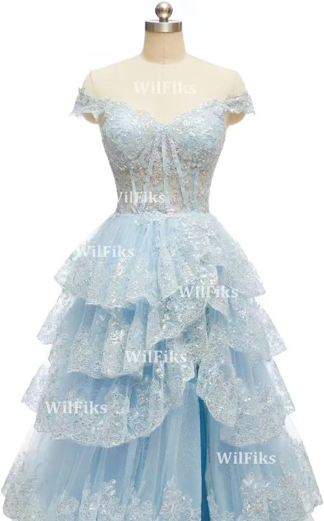 Off Shoulder Tiered Lace Prom Dresses 2025 Long Ball Gowns for Women Formal Sparkly Sequin Corset Evening Gown with Slit