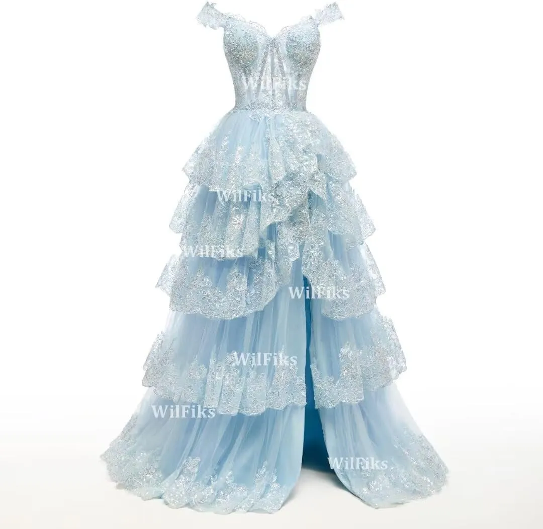 Off Shoulder Tiered Lace Prom Dresses 2025 Long Ball Gowns for Women Formal Sparkly Sequin Corset Evening Gown with Slit
