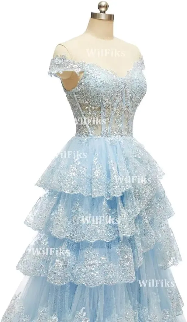 Off Shoulder Tiered Lace Prom Dresses 2025 Long Ball Gowns for Women Formal Sparkly Sequin Corset Evening Gown with Slit
