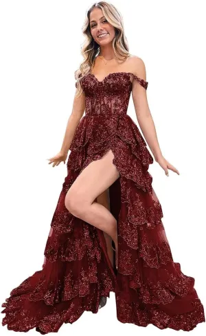 Off Shoulder Tiered Lace Prom Dresses 2025 Long Ball Gowns for Women Formal Sparkly Sequin Corset Evening Gown with Slit