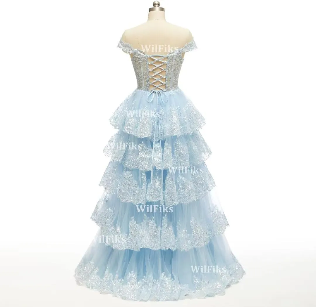 Off Shoulder Tiered Lace Prom Dresses 2025 Long Ball Gowns for Women Formal Sparkly Sequin Corset Evening Gown with Slit