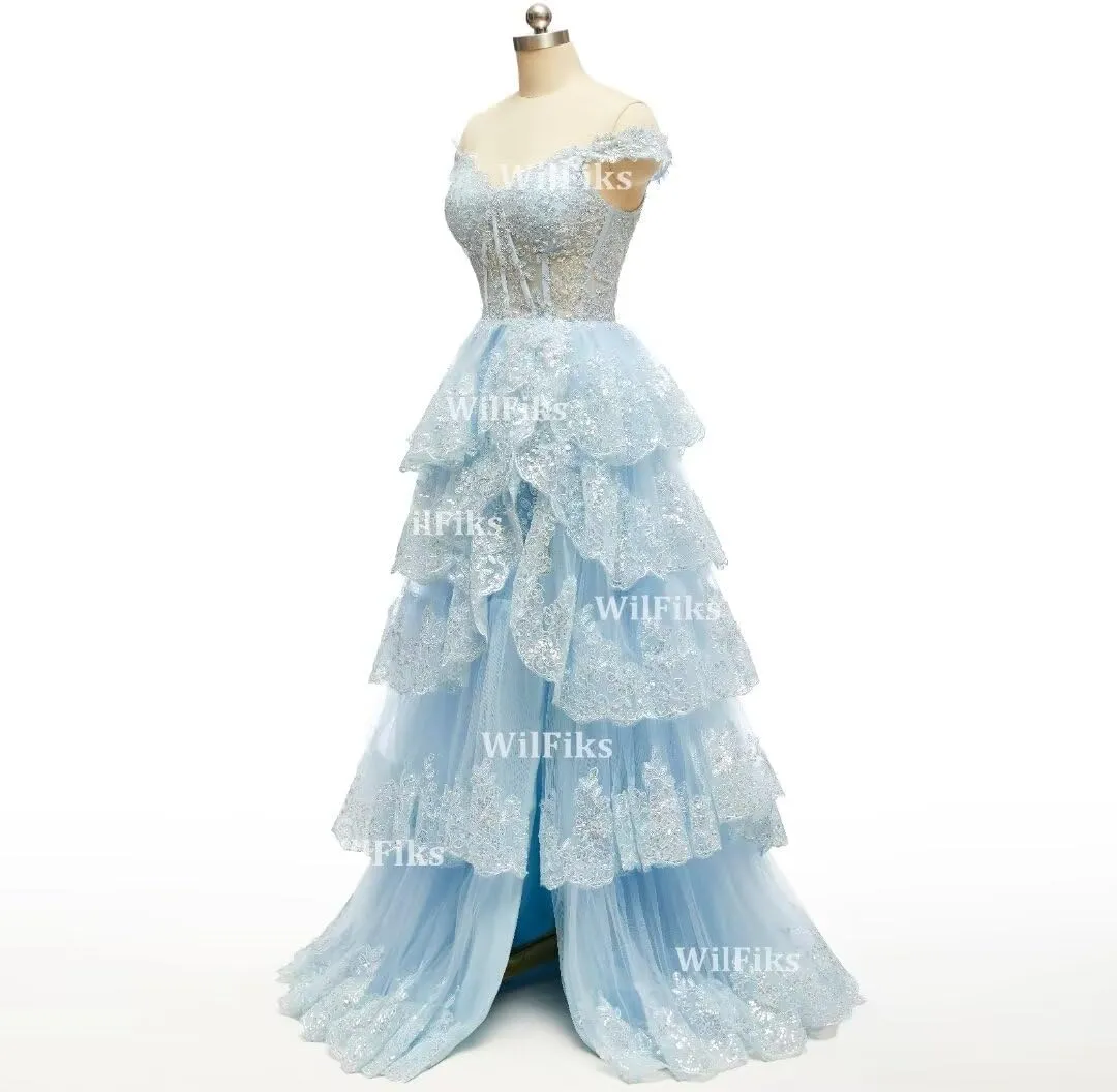 Off Shoulder Tiered Lace Prom Dresses 2025 Long Ball Gowns for Women Formal Sparkly Sequin Corset Evening Gown with Slit