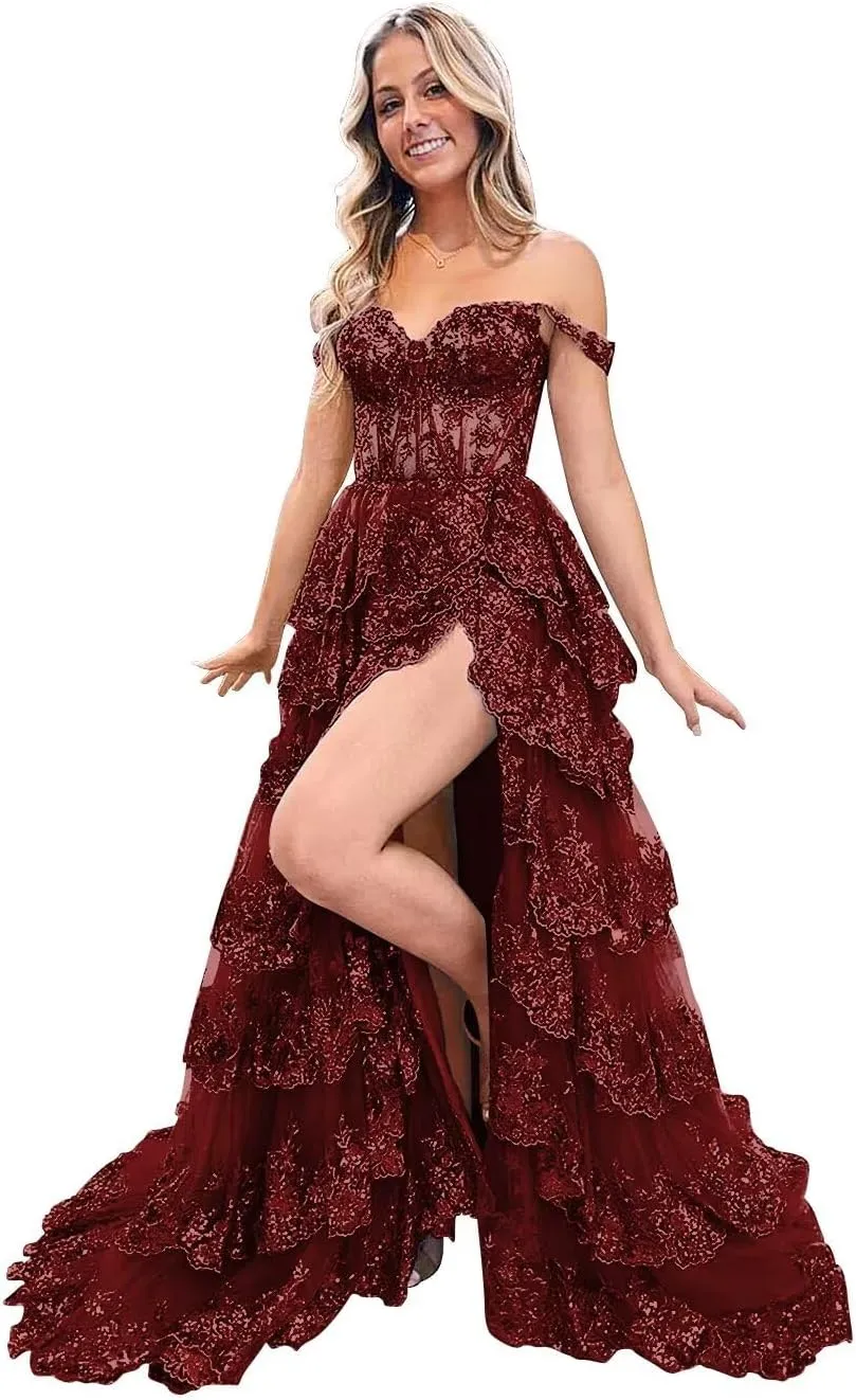 Off Shoulder Tiered Lace Prom Dresses 2025 Long Ball Gowns for Women Formal Sparkly Sequin Corset Evening Gown with Slit